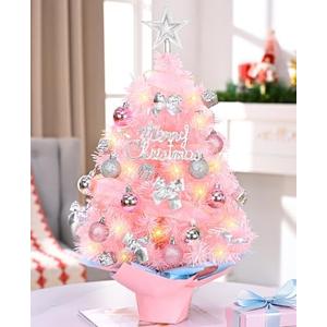 Small Pink Christmas Tree with Lights, 2 FT Mini Christmas Tree with Lifelike Branches Hanging Ornaments Decorative Bow Gift Boxes for Table Mantle Home Indoor DIY Christmas Decorations
