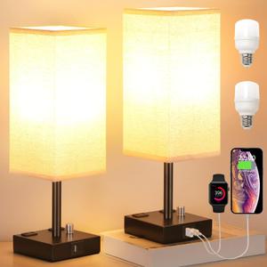 Fully Dimmable Nightstand Lamps Set of 2 - Table Bedside Lamp with USB C+A Charging Ports & 2 AC Outlets, Square Lamp Sets Linen Fabric Shade for Bedroom Living Room(Bulb Included) (14.0in, Beige)