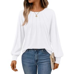 AUTOMET Womens Fall Fashion Long Sleeve Shirts Dressy Casual Pleated Basic Trendy Tops Winter Clothes 2025 (Small, White)