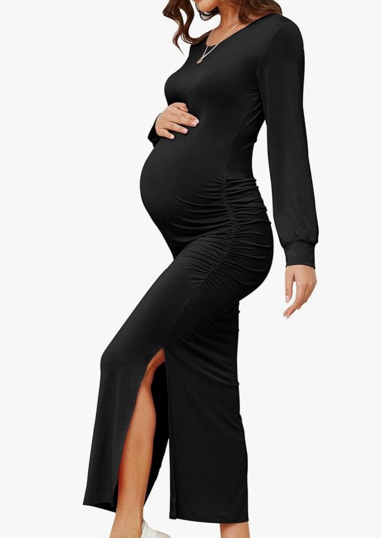 Women's Maternity Dress Long Sleeve Bodycon Split Maxi Dresses for Baby Shower 2025 Spring Pregnancy Clothes Medium Black