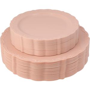 Posh Setting Posh Disposable Vintage Plastic Plates Set - Heavy Duty Vintage Dinnerware, 60 Pack with 30 Appetizer & 30 Dinner Plates for Wedding, Pink/Blush
