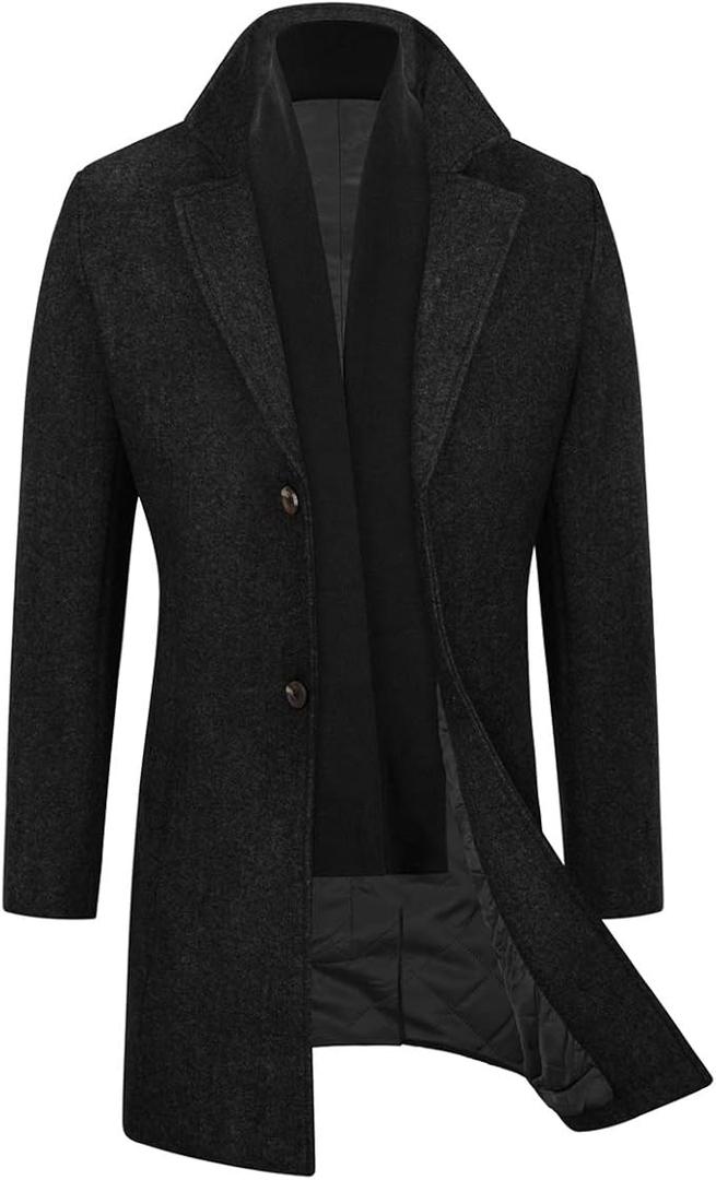 WULFUL Men Wool Trench Coat Slim Fit Winter Coat Black Large