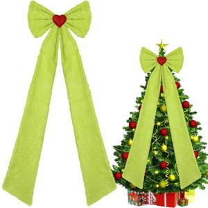 Janinka 48 Inch Extra Large Green Christmas Tree Topper Bow Lime Green Plush Faux Fur Xmas Tree Decoration Giant Huge Christmas Fluffy Decorative Bows with Long Streamers for Xmas Party Decor