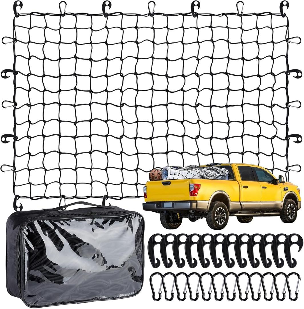 Heavy Duty Cargo Net for Pickup Truck Bed - 4' x 6' Stretches to 10' x 15' - Small 4"x4" Latex Bungee Net Mesh with 24 Clips - Compatible with Ford, Chevy, Dodge Ram, Toyota