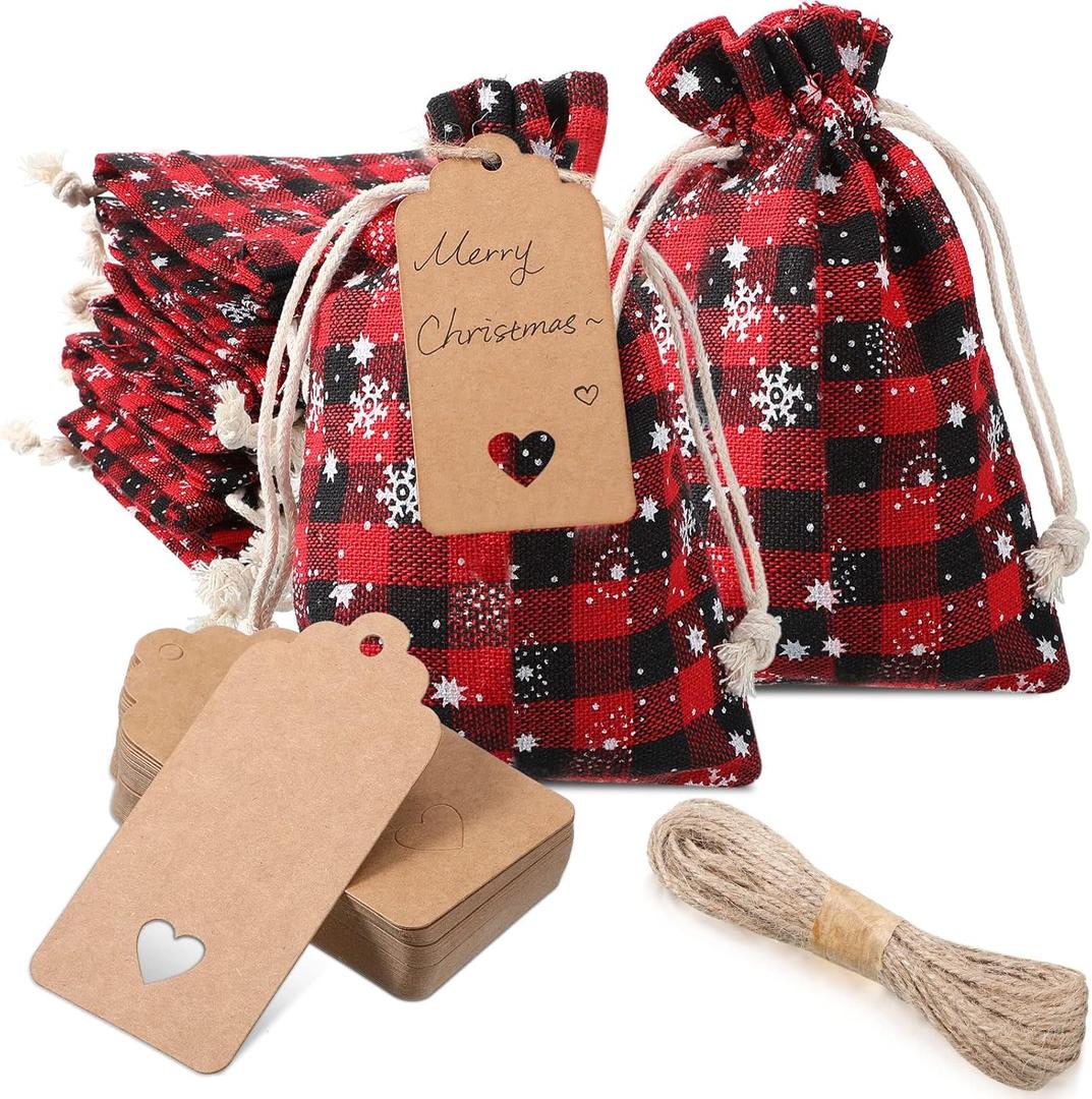 Shappy 24 Pcs Christmas Drawstring Gift Bags Xmas Buffalo Plaid Burlap Advent Bags 7 x 5 Inches Linen Treat Candy Bag with 32.8 ft Rope 24 Card(Black Red Snowflake)
