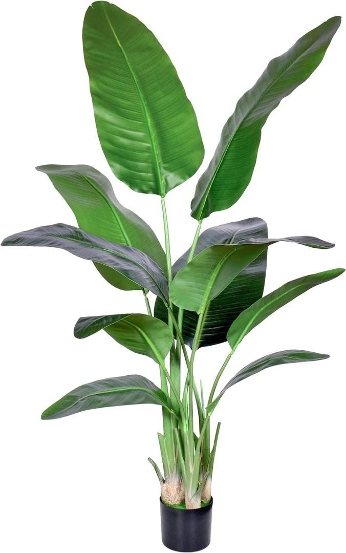 Artificial Bird of Paradise Plant,Faux Palm Tree Potted Plant with Real Touch Leaves,Fake Trees for Home Living Room Office Indoor Outdoor Decor(5FT-1Pack) (6in)