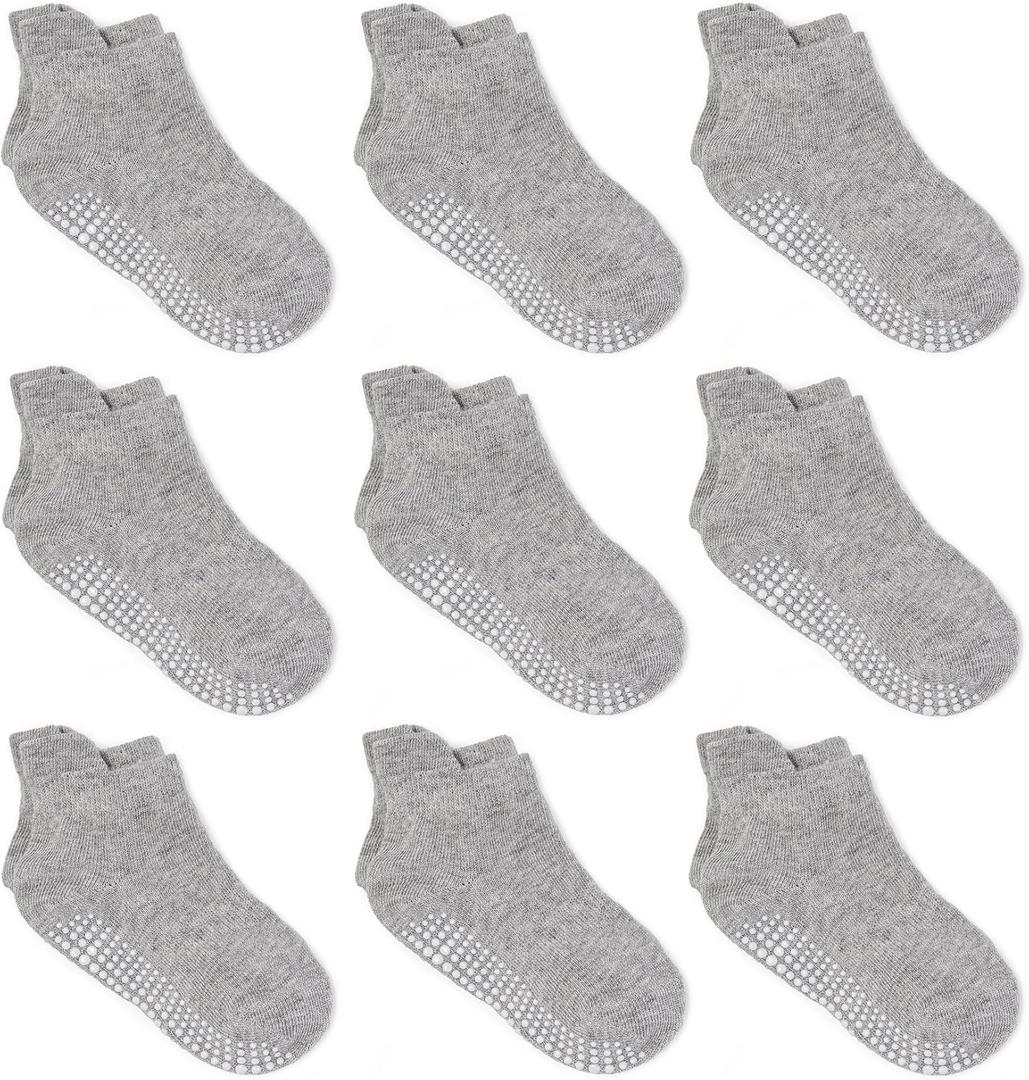 Zaples Baby Non Slip Grip Ankle Socks with Non Skid Soles for Infants Toddlers Kids Boys Girls (1-3T, Gray - 9 Pairs)