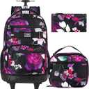 3Pcs Rolling Backpack for Girls Women, Travel Roller Backpacks with Wheels for Adults, Teens College Rose Wheeled Bookbag with Lunch Box (Black)