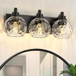 Bathroom Light Fixtures Over Mirror, 3-Light Matte Black Vanity Light with Clear Hammered Glass Globe Shade, Modern Sconces Wall Lighting for Bedroom Hallway, VL200-MB-3