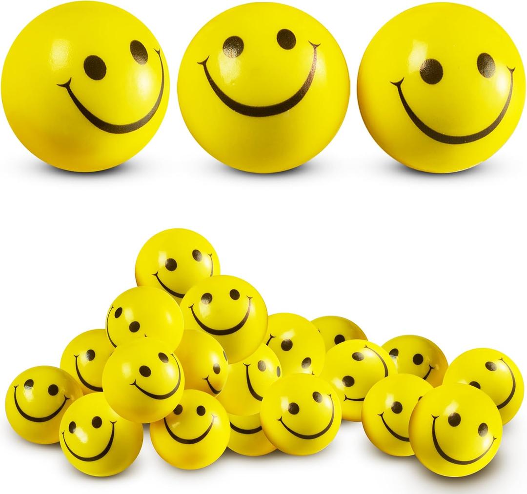 Smile Face Squeeze Balls (24 Pcs Bulk) for Kids and Adults, 2 Inch Mini Yellow Fun Happy Face Stress Anxiety Relief Balls, Hand Therapy Sensory Fidget Toy, Classrooms, Game Prize, Party Favor Gift
