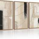 KUVIOKE Abstract Framed Wall Art Minimalist Beige Pastel Watercolor Neutral Wall Decor Modern Black Line Art Painting Home Decor 16x24in (Natural Framed)