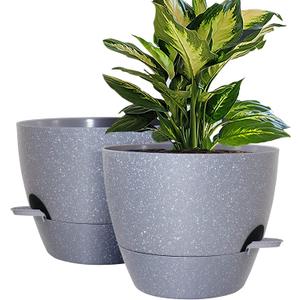 10 inch Self Watering Planters, 2 Pack Large Plastic Plant Pots with Deep Reservior and High Drainage Holes for Indoor Outdoor Plants and Flowers, Speckled Grey