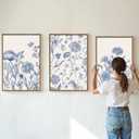 Tinonedraw Large Classic Chinoiserie Flower Framed Canvas Wall Art Set, Navy Blue and White Floral Wall Decor, Minimalist Neutral Botanical Art Printing for Living Room Bedroom Office Dorm 16"x24"x3, 24L" x 16W"