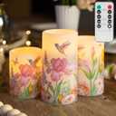 LUSHARBOR Flameless Candles with Remote, Battery Operated Candles Real Wax Hummingbird Flickering LED Candles Floral Christmas Decor Electric Pillar Candles Set of 3