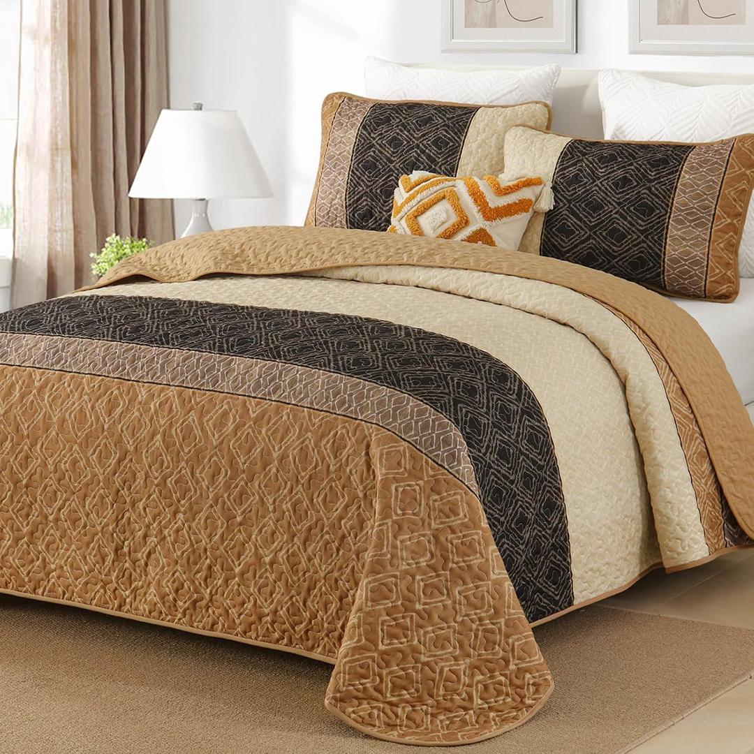 Cottolester Brown Quilt Set King Size 3 Pieces,Boho Striped Bedspread,Farmhouse Plaid Bedding Set Soft Microfiber Quilt with 2 Pillow Shams 110"x90"