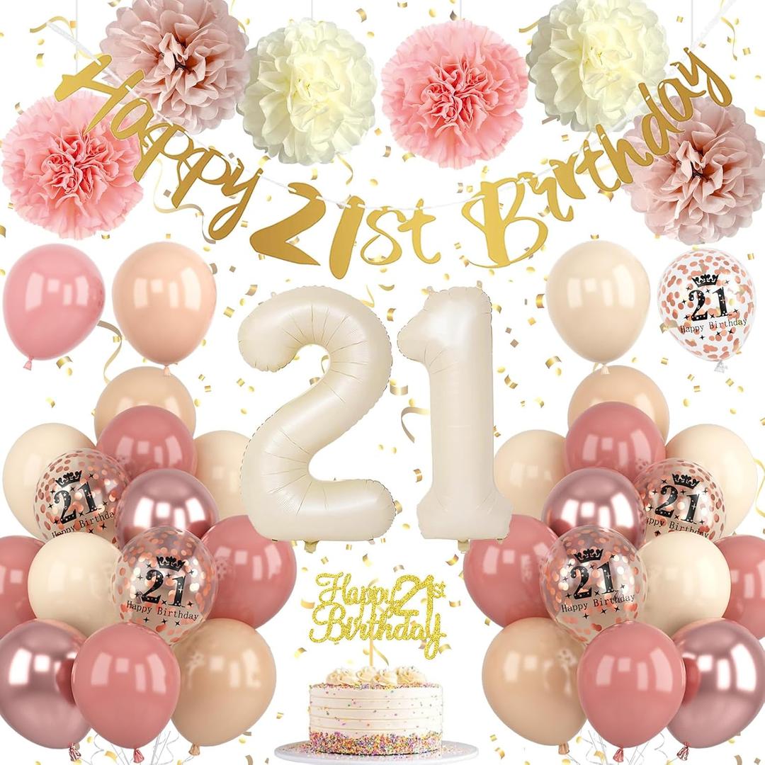 21st Birthday Decorations for Her Retro Blush Pink Birthday Balloons Happy 21st Banner Cake Topper Pom Poms Dusty Rose Gold Number 21 Balloon for Girl 21 Year Old Bday Party Decoration Supplies