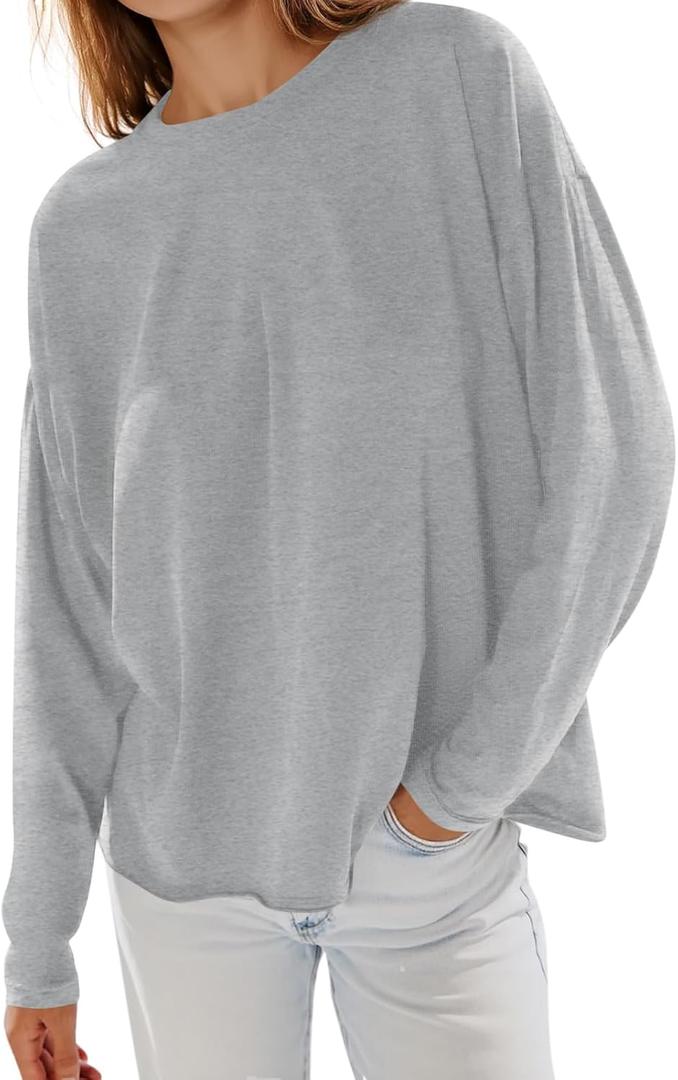 Yousify Womens Long Sleeve Oversized Tshirts Cotton Crewneck Casual Tunic Tops Trendy Loose Fit Basic Tees (Small, Light Grey)