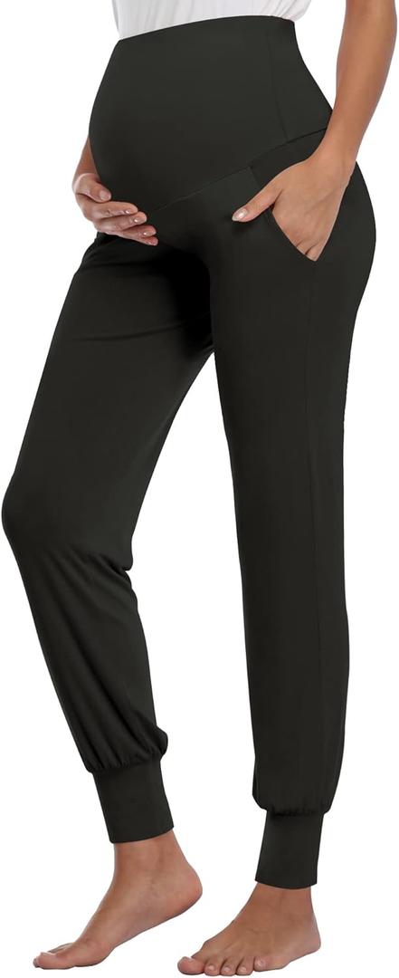 AMPOSH Women's Maternity Pants Stretchy Lounge Workout Pants Casual Loose Comfy Pregnancy Joggers with Pockets (Large, Black)