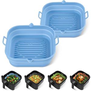 [2 Pack] Silicone Air Fryer Liners Square - Reusable Airfryer Silicone Basket - Easy to Clean Air Fryers Silicone Pot for 5.8 to 8 Qt Large Air Fryer Baking Tray Oven Accessories, 8.5 Inch