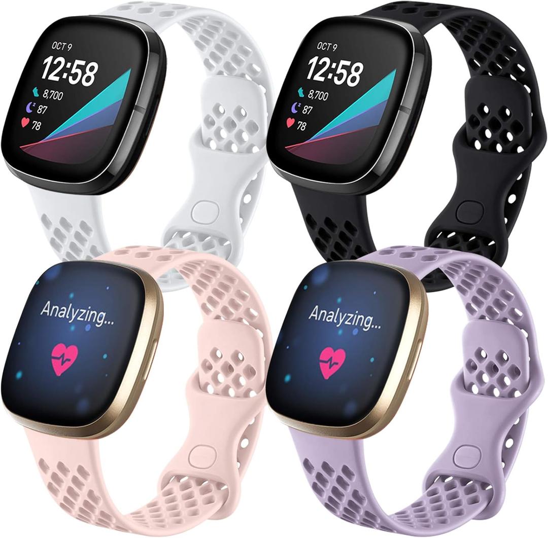 Maledan Sport Bands Compatible with Fitbit Versa 3 Bands for Women Men, 4 Pack Breathable Wrist Band Replacement for Fitbit Versa 4/Versa 3/Sense 2/Sense Smart Watch, Small Black Pink White Lavender