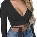 Artfish Women Sexy Deep V Neck Fleece Lined Crop Top Bandage Wrap Tie Fitted Cleavage Shirts (Black, L)