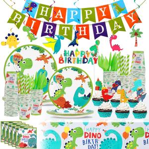 Tessco 193 Pcs Dinosaur Birthday Party Supplies Includes Plates Cups Napkins Banner Knives Fork Spoon Tablecloth Cupcake Toppers Straw Swirls for Boys Dino Birthday Party Decoration, Serves 20 Guests