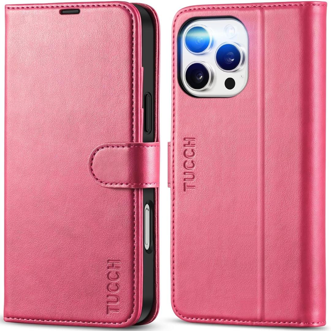 TUCCH Case Wallet for iPhone 16 Pro Max, PU Leather Magnetic Protective Phone Cover with [RFID Blocking] [4 Card Slots] Stand [TPU Inner Case] Compatible with iPhone 16 Pro Max 5G, Hot Pink