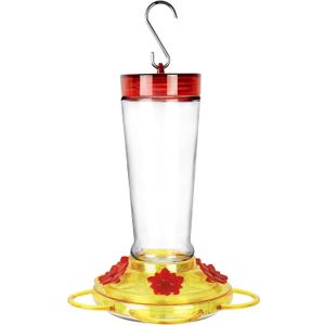 Joliyoou Hummingbird Feeder, 10 Once Glass Hummingbird Feeder Outdoor Hanging, Bird Nectar Feeder (Yellow Cover with Red Flowers - 1 PACK)