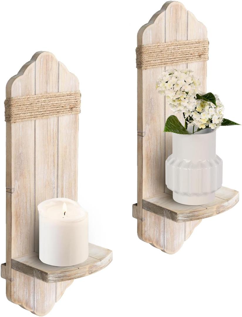 Wall Candle Sconces Set of Two, Rustic Washable White Wood Wall Candle Holder Decor, Farmhouse Wooden Candle Holder Decorations for Fireplace, Hallway, Living Room, Bedroom