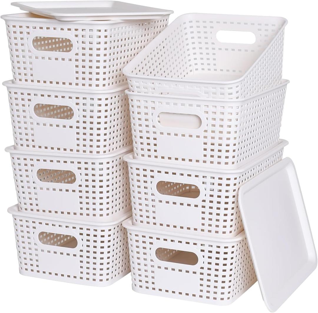 Plastic Storage Baskets with Lid - Plastic Storage Containers Stackable Storage bins: Storage Baskets for Organizing Shelves Drawers Desktop Closet Playroom Classroom Office, 8 Pack-White