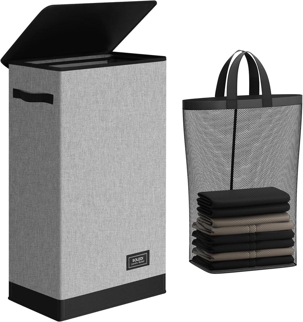 SOLEDI Slim Laundry Hamper with Lid, Narrow Laundry Basket with Removable Bags, Dirty Clothes Hamper with handle, Small Hamper perfect for Laundry room, Bathroom, Bedroom, Small spaces. 70L Grey