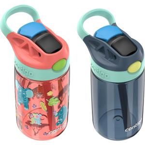 Contigo Kids Water Bottle with Redesigned AUTOSPOUT Straw, 14 oz, 2-Pack (Coral/Safari & Blueberry/Jade Vine)