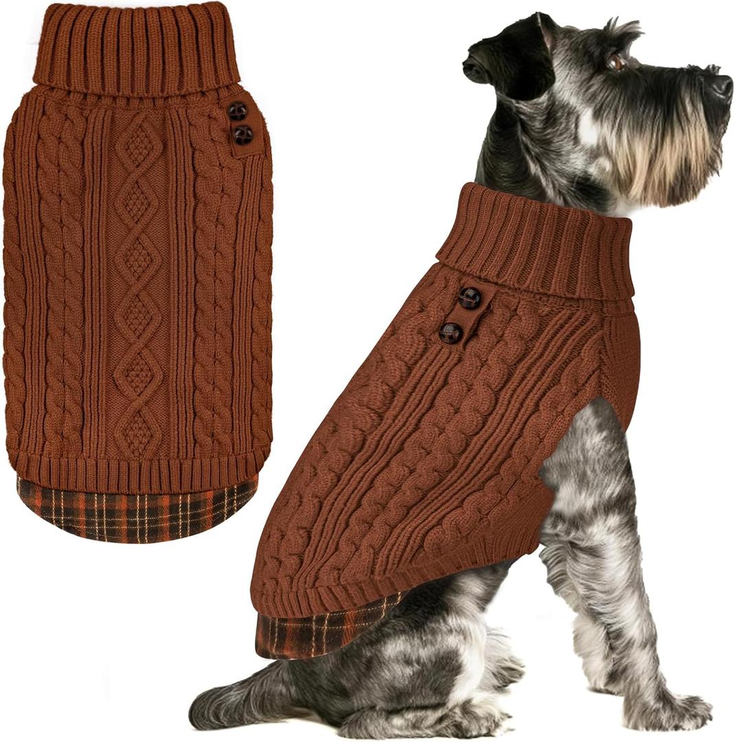 KYEESE Dog Sweater Comfy Pet Coat for Fall Winter Cold Weather Stretchy Knitwear Cat Clothes Soft Pullover Dog Sweaters for Small Dogs Male Warm Turtleneck Small Dogs Sweater with Gingham Patchwork (Medium7-13lbs, 9# Brown)