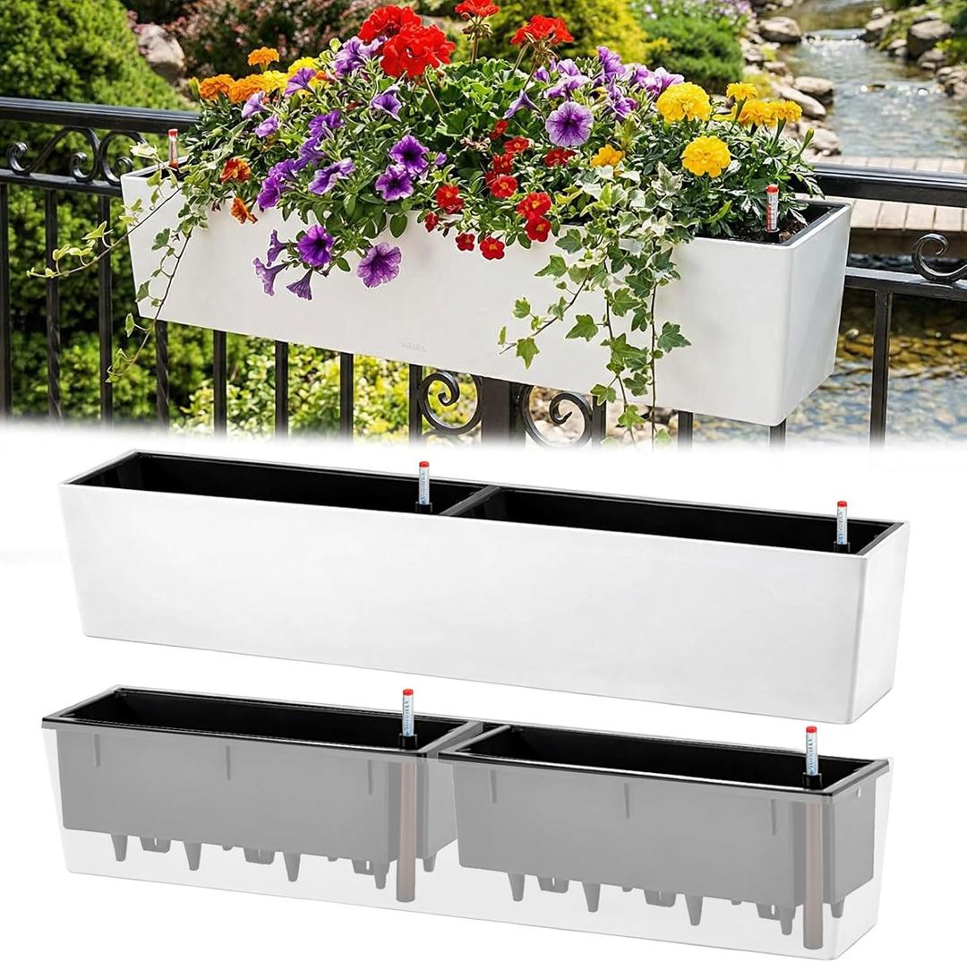 2 Pack Hanging Wall Planter Boxes 40" Large White Rectangular Flower Box with Window Bracket Self Watering System Railing Planter Outdoor Plant Pot Container Deck Rail Fence Balcony