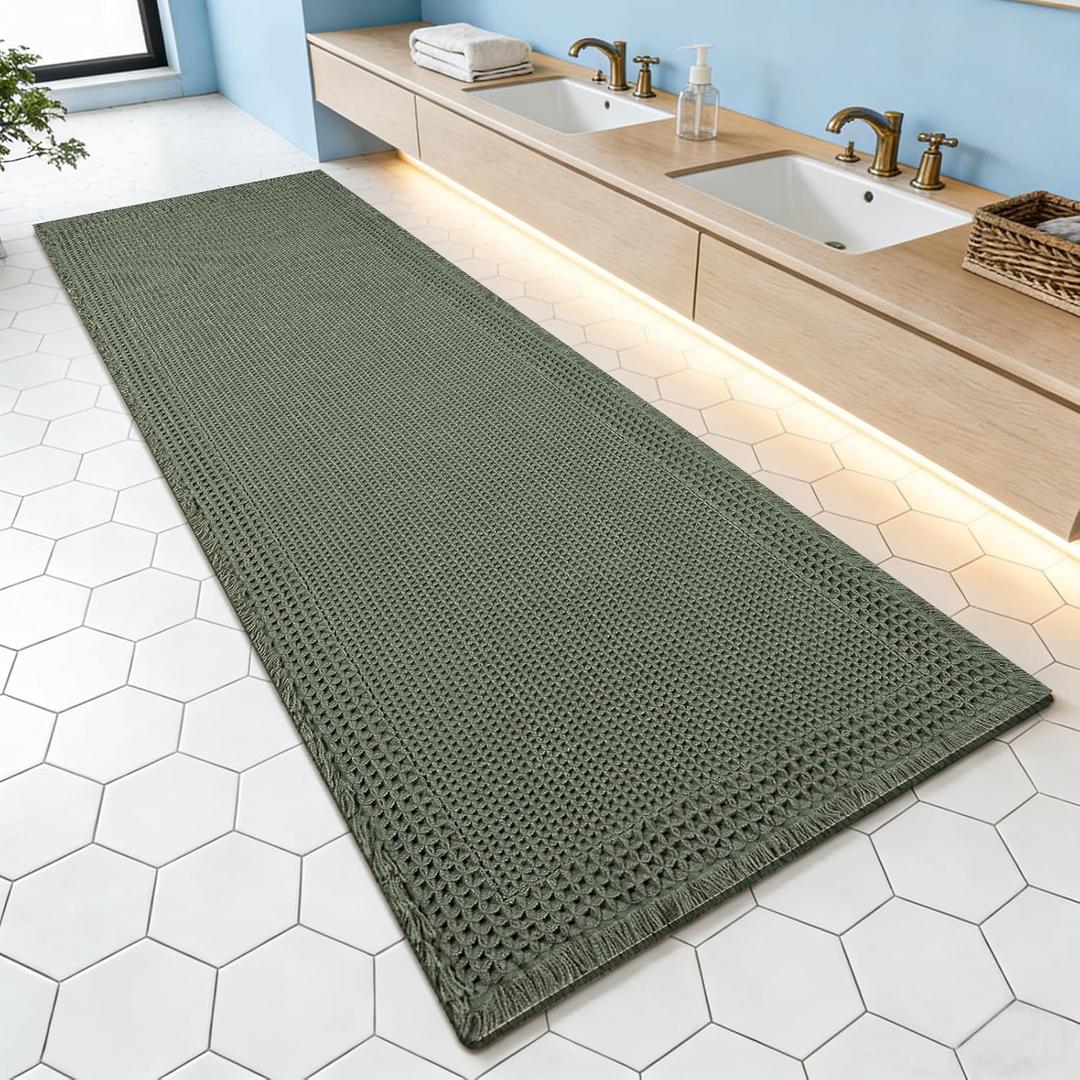 Waffle Bathroom Runner Rugs, Modern Woven Absorbent Non Slip Bath Rugs, Machine Washable Bath Mat Runner, Quick-Drying Bathroom Mat, Boho Tassel Style Suitable for Bathroom Floor, Green, 72"X24"