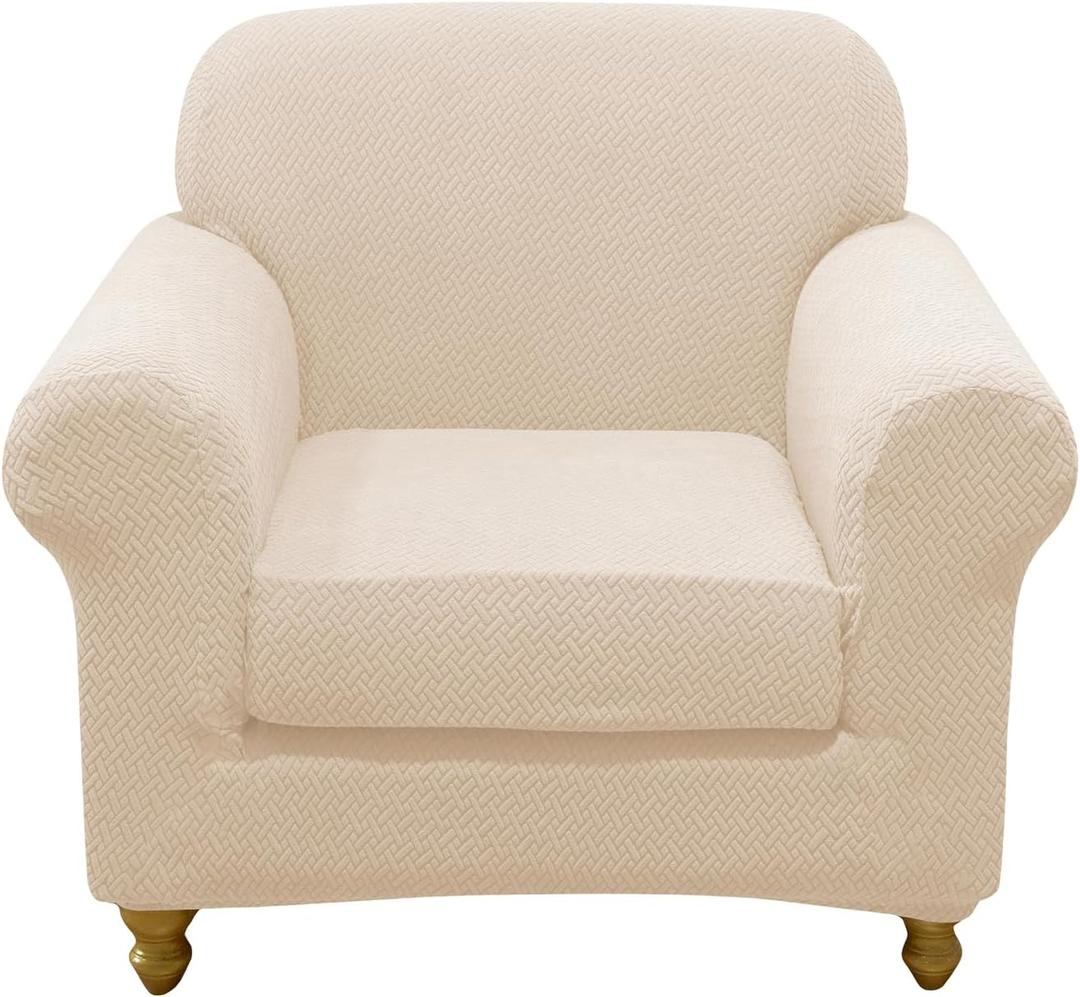 FUANGUI 2 Piece Chair Covers Stretch Arm Covers Chair Couch Covers, Armchair Slipcover with Separate Chair Cushion Cover, Floral Washable Chair Protector for Living Room - Beige01 (Small)