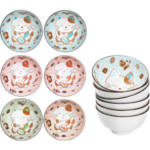 Japanese Lucky Cat Ceramic Bowl Set  4.5-Inch Porcelain Bowls with Fortune Cat Design, Perfect for Rice, Soup, Salad, and Snacks (Set of 6)