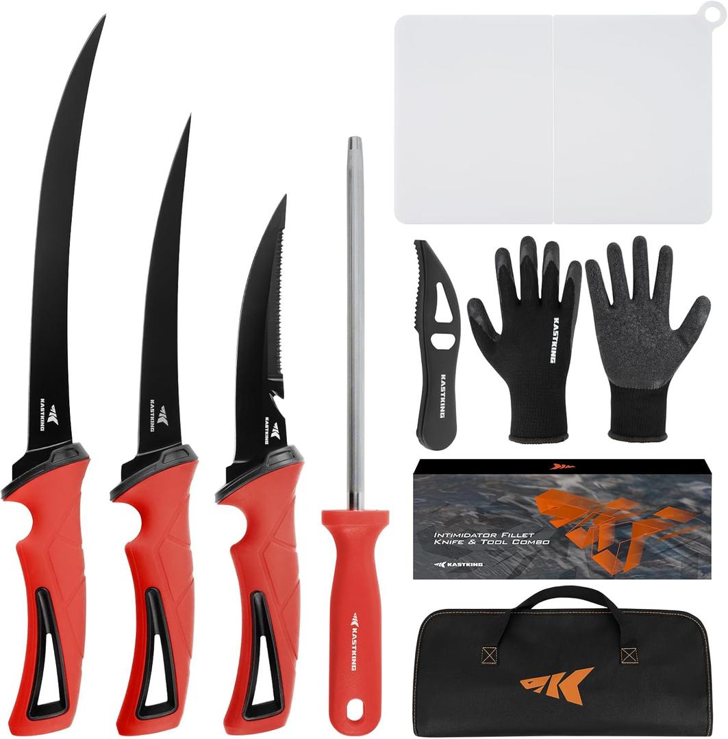 KastKing Intimidator Fillet Knife Set  G4116 German Stainless-Steel Blades, Non-Slip Handle, Includes Folding Fillet Board, Fish Scaler, Rubber-Coated Gloves, Honing Rod, and Durable Storage Bag