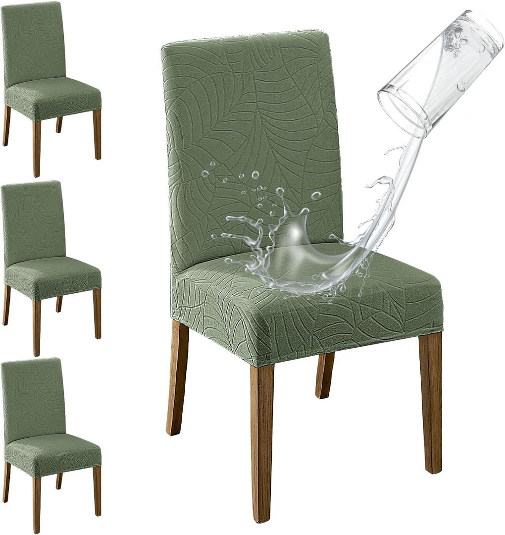MOSAYT 100% Waterproof Dining Room Chair Covers Set of 4, Super Fit Stretch Jacquard Parson Chairs Slipcovers Removable Washable Chair Seat Protectors for Home, Kitchen, Banquet (Green)