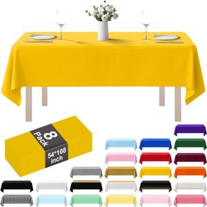 8 Pack Plastic Tablecloth 54" x 108" Disposable Table Cloths for 6 to 8 Foot Tables Rectangle Table Cover for Parties (Yellow, Rectangle)