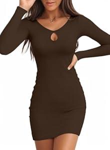 Valiamcep Women's Long Sleeve Dress Cutout Keyhole Neck Bodycon Dresses Ribbed Party Mini Dress Brown S