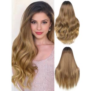 HANNE Light Brown Wig for Women 26 Inch Synthetic Wig Heat Resistant Long Wavy Ombre Brown Wigs for Women (Ombre Black to Light Brown)