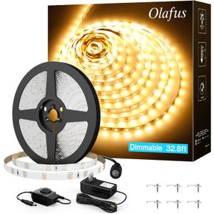 Olafus 32.8ft LED Strip Lights Warm White, Dimmable Soft White Light Strip 3000K with Adhesive Clips, 12V 10M Flexible Led Lights for Bedroom Indoor Kitchen, UL Listed Plug, 600 LEDs 2835