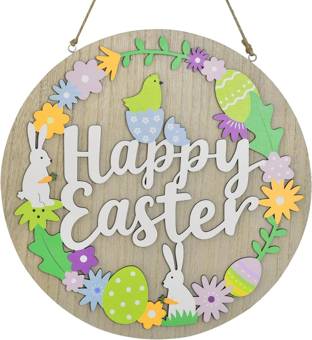 Ovootok Happy Easter Door Sign - 11.8" Wooden Bunny Hanging Sign, Egg Rabbit Wreath, Spring Wall Home Farmhouse Decor (Multicolor)