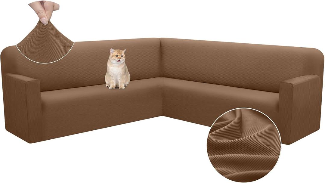 Arfntevss Corner Sectional Couch Covers L Shape Ice Silk Sofa Cover Super Soft and Stretch Sectional Slipcover XL U Shaped Sofa Cover Living Room Non Slip Protector (Light Brown, X-Large)