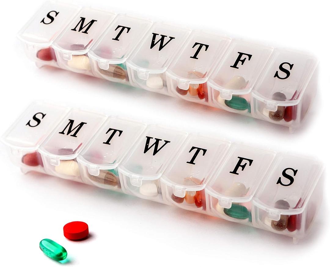 Deke Home - Weekly Pill Organizer (2 Pack), 7 Day Pill Box with Large Compartments & Snap-Shut Lids, Easy Open, BPA Free Plastic Medicine Organizer for Pills, Vitamins & Supplements, Travel Friendly