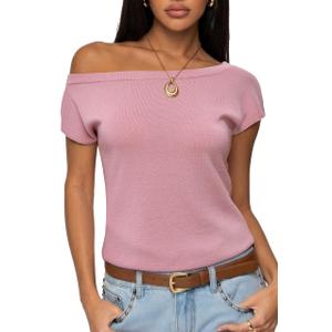 SUUKSESS Women Silk Cashmere Blend Off The Shoulder Tops Summer Lightweight Knit Trendy Sweaters Going Out Loose Fit Shirts (Light Pink, Small) (Pink, S)