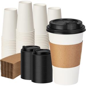 VPACKDUO 16 oz 100 Pack Coffee Cups with Lids and Sleeves, Hot Paper Coffee Cups with Lids, Disposable To Go Cups with Lid for Coffee, Tea, Hot Chocolate, Ideal for Cafes, Offices and Travel