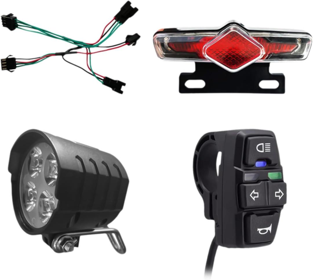 Ebike Headlight and Tail Light Sets, Ebike Light Kit Front Rear Warning Lights with Turning Light, Brake Light, Horn for Riding Cycling