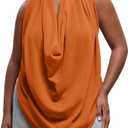 Women's Plus Size Open Back Cowl Neck Tank Tops Draped Sleeveless Chiffon Halter Top (Orange, XXL)